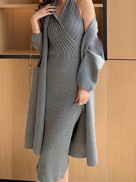 

Elegant Plain Cross Neck Sleeveless Tighr Midi Dress, Gray, Midi Dresses