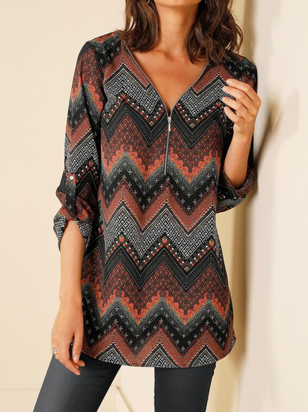 

Casual Loose V Neck Color Block Blouse, Multicolor, Shirts & Blouses