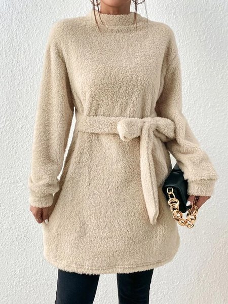 

Loose Casual Plain Fluff/Granular Fleece Fabric Dress, Khaki, Mini Dresses