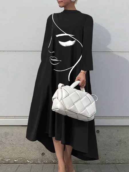 

Elegant Loose Long Sleeve Abstract Midi Dress, Black, Midi Dresses