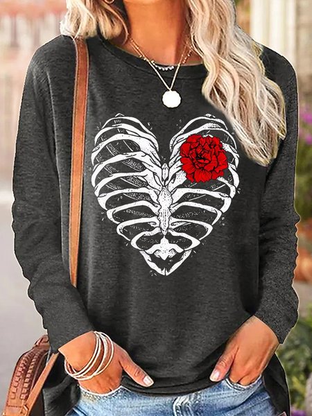 

Women's Heart Rib Cage Rose Text Letters Simple Long Sleeve Top, Gray, Long sleeves
