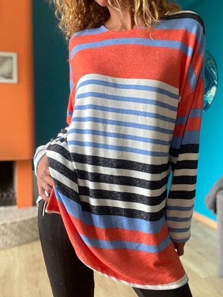 

Striped Casual Loose Crew Neck T-Shirt, Multicolor, T-Shirts