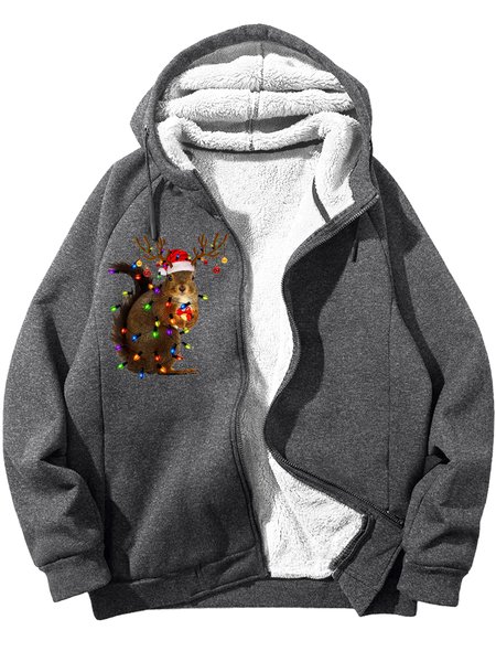 Men's The Christmas Squirrel Funny Graphic Print Hoodie Zip Up Sweatshirt Warm Jacket With Fifties Fleece, Deep gray, Hoodies&Sweatshirts