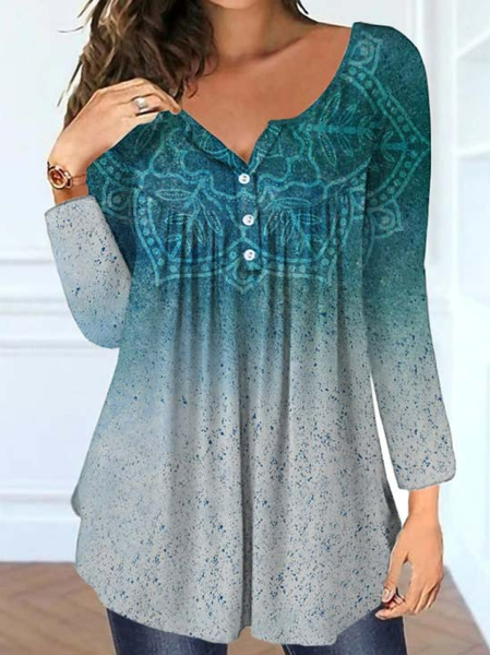 

Casual Ethnic Print V-Neck Long Sleeve T-Shirt, Blue, T-Shirts