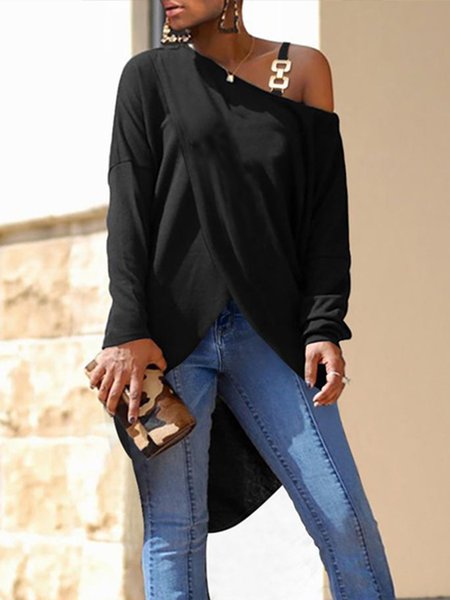 Urban Cold Shoulder Chain Plain Top, Black, Linen Tops