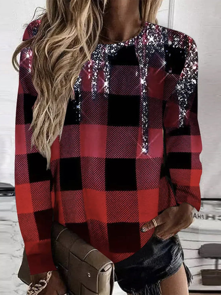 

Plaid Crew Neck Loose Casual Sweatshirt, Red, Sweatshirts & Hoodies