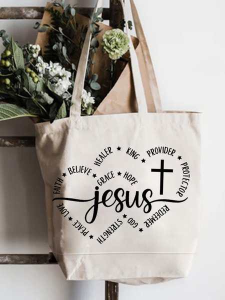 

Believe Grace Hope Faith Text Letters Casual Shopping Tote Bag, White, Bags