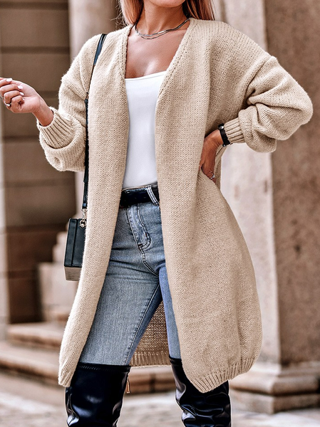 

Plain Wrap Casual Loose Sweater Coat, Khaki, Outerwear