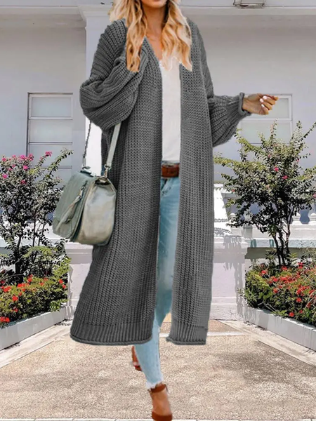 

Casual Lantern Sleeve Open Front Chunky Knit Longline Cardigan, Gray, Outerwear