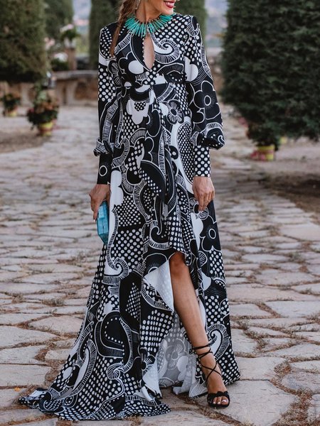 

Regular Fit Floral Print Elegant Long Sleeve Dress, Black, Maxi Dresses