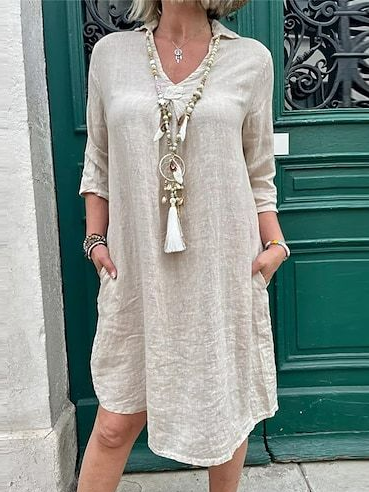 

Plain Casual V Neck Dress, Khaki, Mini Dresses
