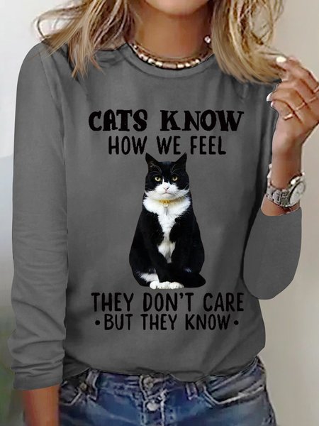 

Women's Funny Cat Simple Crew Neck Cotton-Blend Top, Gray, Long sleeves