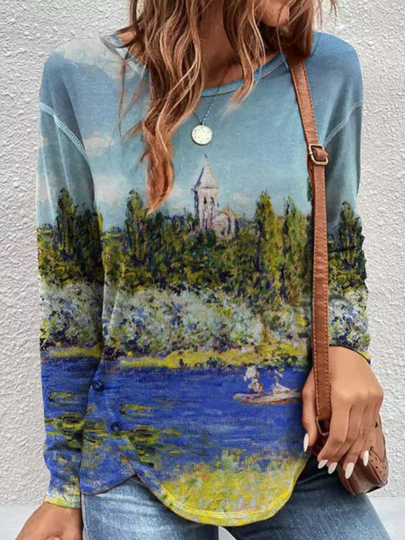 

Landscape Print Casual Regular Fit Top, Blue, Tops