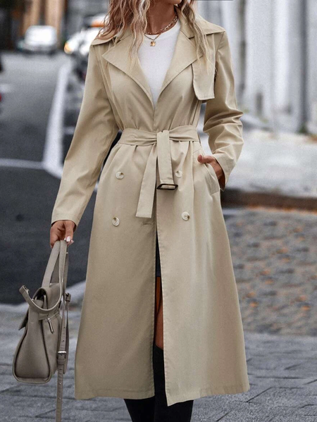 

Casual Double Breasted Slant Pockets Belted Trench Coat, Apricot, Trench Coats