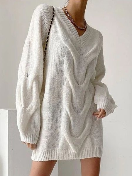 

Wool/Knitting Plain V Neck Urban Dress, White, Dresses
