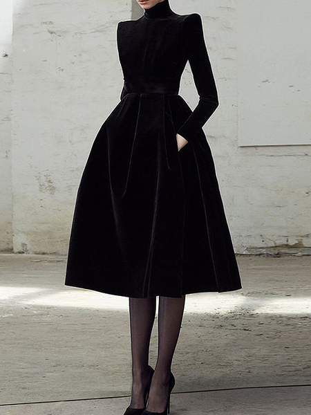 

Plain Elegant Stand Collar Long sleeve Midi Party Dress, Black, Midi Dresses