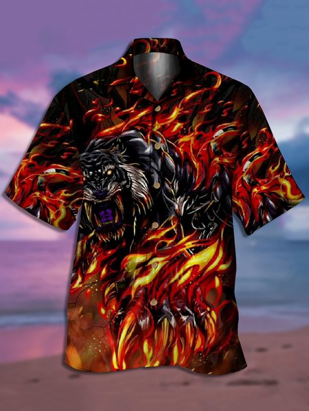 

Flame Animal Short Sleeve Camp Shirt, Black, Men Shirts