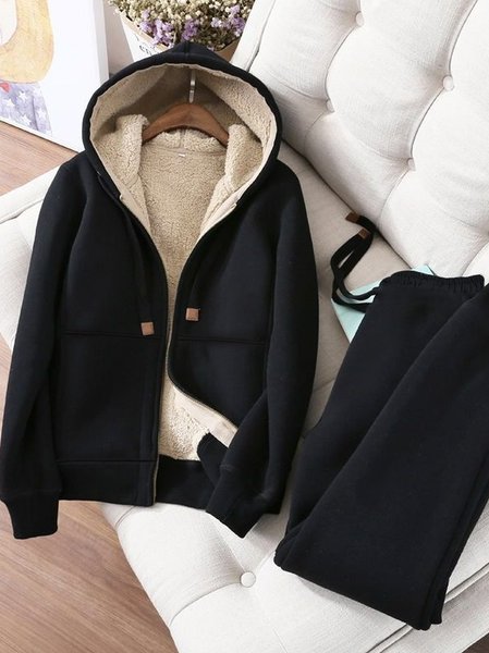 

Fleece Thermal Hooded Jacket & Fleece Pants, Black, Suit Set