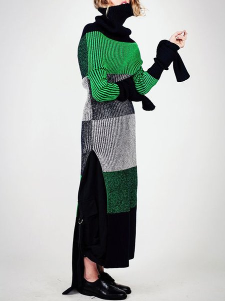 

Turtleneck Regular Fit Color Block Sweater Dress, Green, Maxi Dresses
