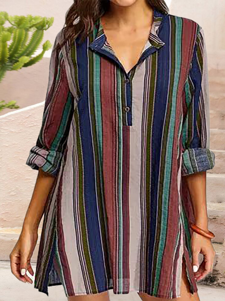 Striped Loose Casual V Neck Dress, Multicolor, Dresses
