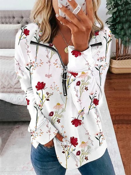 

Zipper Floral Casual Crew Neck Sweatshirt, White, Sweatshirts & Hoodies