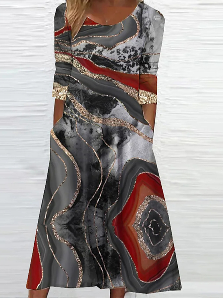 

Casual Crew Neck Geometric Loose Dress, Red, Dresses