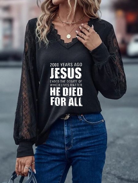 

Casual Text Letters Lace T-Shirt, Black, Tops