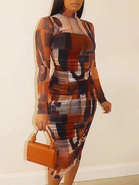 

Tight Abstract Stand Collar Urban Long sleeve Dress, As picture, Midi Dresses