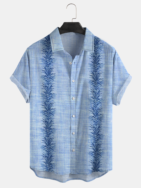 

Floral Stripe Print Short Sleeve Guayabera Shirt, As picture, Short Sleeve Shirts