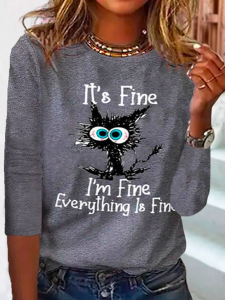 

plus size Casual Crew Neck T-Shirt, Gray, Long sleeves