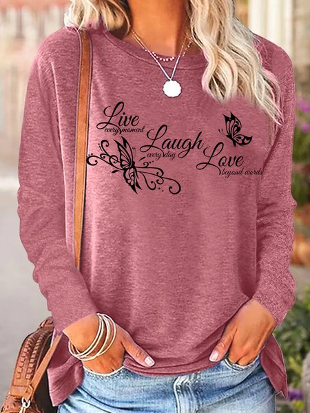 

Women's Live Love Laugh Family Quote Letters Casual Top, Rose red, Long sleeves