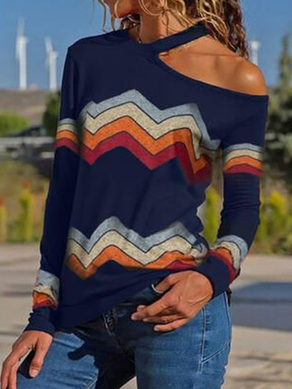 

Geometric Cold Shoulder Loose Casual T-Shirt, Blue, T-Shirts
