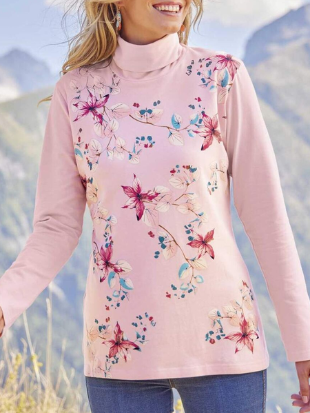 

Floral Loose Casual Cotton-Blend T-Shirt, Pink, Tunics