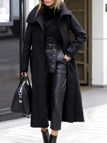 

Loose Plain Urban Shawl Collar Long sleeve Mid-long Overcoat, Black, Coats
