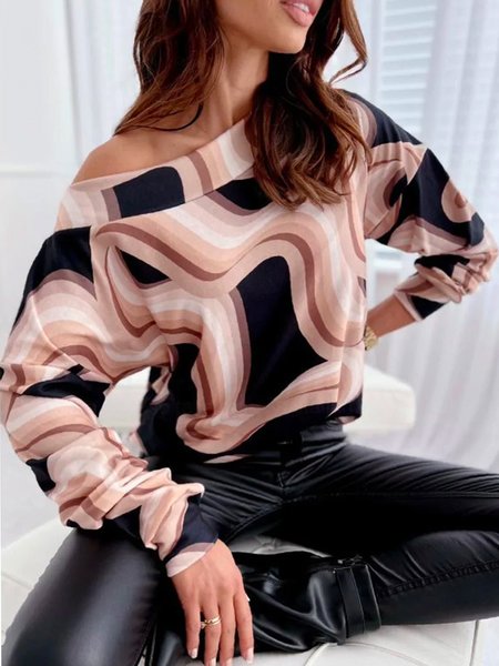 

Urban Loose Cold Shoulder Long Sleeve Abstract Print Top, As picture, Linen Tops