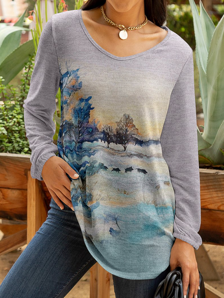 

Landscape Print Regular Fit V Neck Casual T-Shirt, Multicolor, T-Shirts