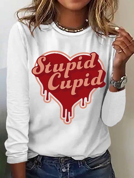 

Women's Valentine's Day Stupid Cupid Regular Fit Simple Top, White, Long sleeves