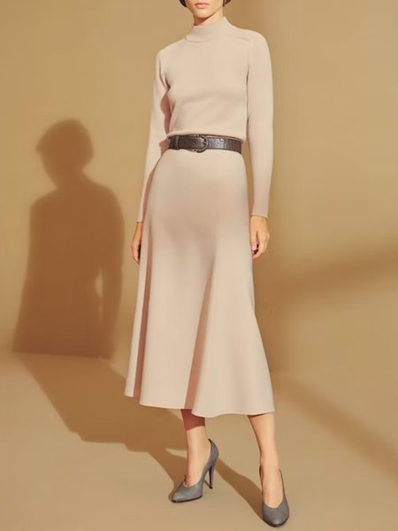 

Elegant Plain Stand Collar Long sleeve Dress, Apricot, Midi Dresses