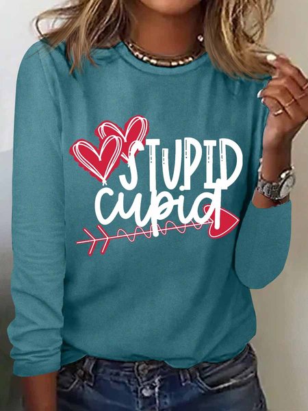 

Women's Valentine Stupid Cupid Regular Fit Simple Long Sleeve Top, Green, Long sleeves