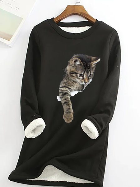 

Women's Funny Simple Crew Neck Cat Warmth Fleece Sweatshirt, Black, Hoodies&Sweatshirts