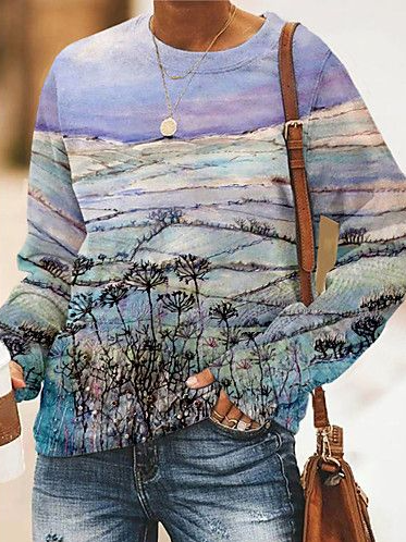 

Casual Crew Neck Regular Fit Landscape Print Sweatshirt, Multicolor, Sweatshirts & Hoodies