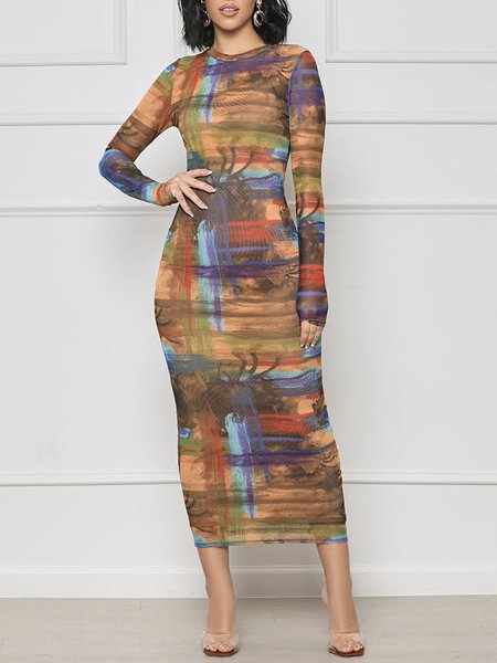 

Crew Neck Elegant Abstract Long Sleeve Tight Maxi Dress, Multicolor, Maxi Dresses