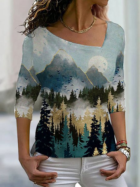 

Casual Others Landscape Painting Loose T-Shirt, Blue, T-Shirts