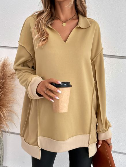 

Casual Plain Loose Shawl Collar Sweatshirt, Khaki, Hoodies & Sweatshirts