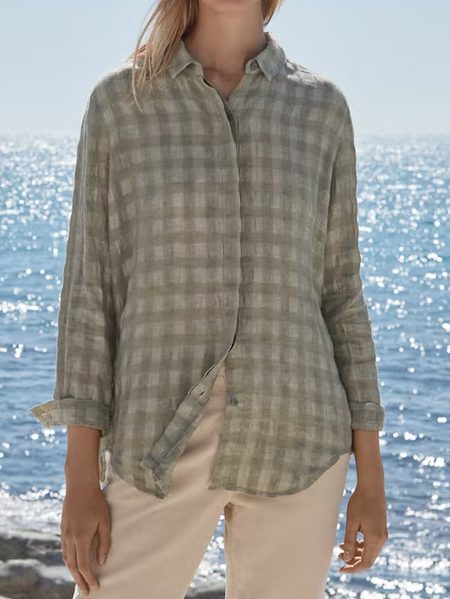 

Shirt Collar Cotton And Linen Casual Blouse, Khaki, Shirts & Blouses