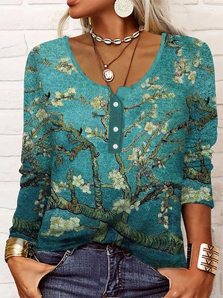 

Loose Casual Crew Neck Floral Top, Green, Shirts & Blouses
