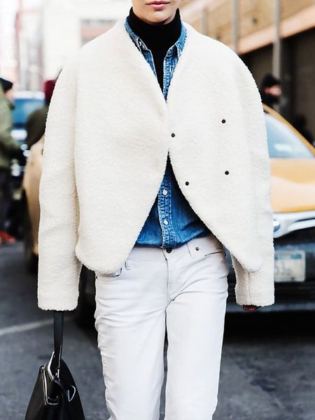 

Long sleeve Simple Plain Teddy Jacket, White, Others