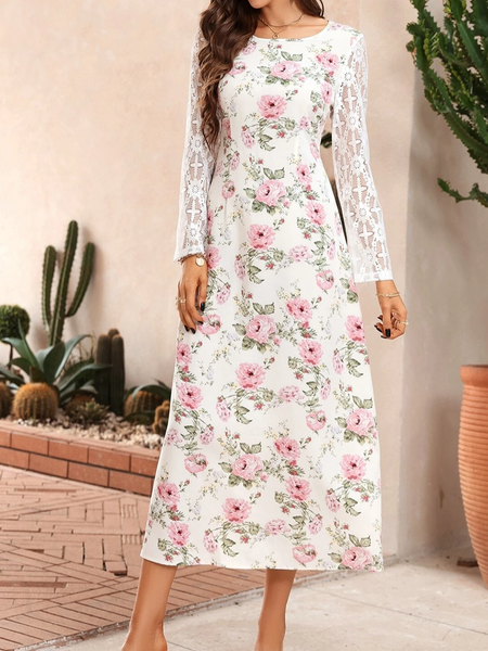 

Floral Regular Fit Casual Crew Neck Dress, Multicolor, Midi Dresses