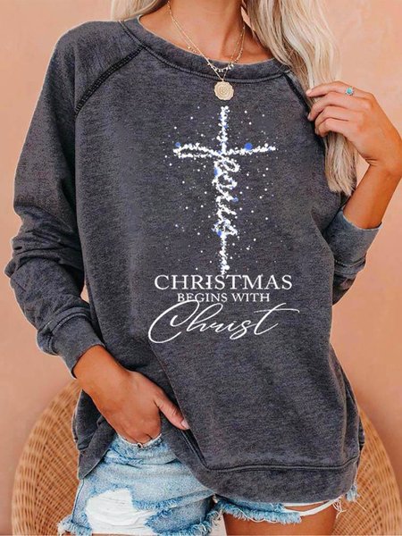 

Womens Jesus christmas begins with christ Casual Crew Neck Sweatshirt, Gray, Hoodies&Sweatshirts
