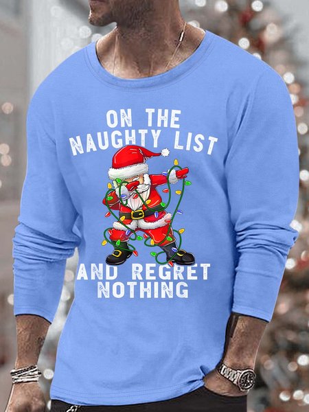 

Men’s On The Naughty List And Regret Noting Christmas Cotton Casual Top, Light blue, Long Sleeves